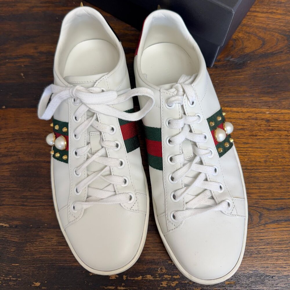Gucci Ace Pearl Studded White Leather Sneakers Size EU 37.5